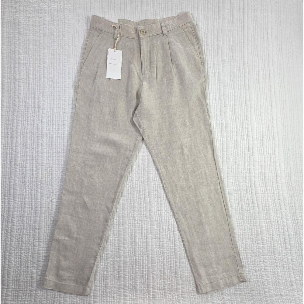 Zara 100% Linen Pants Mens 30x28 Natural Beige Pleated Chino Relaxed Fit NWT